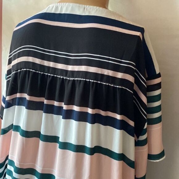 Torrid Plus Size 2X Multicolor Pink Striped Short Sleeve Summer Workwear Blouse - Picture 4 of 12